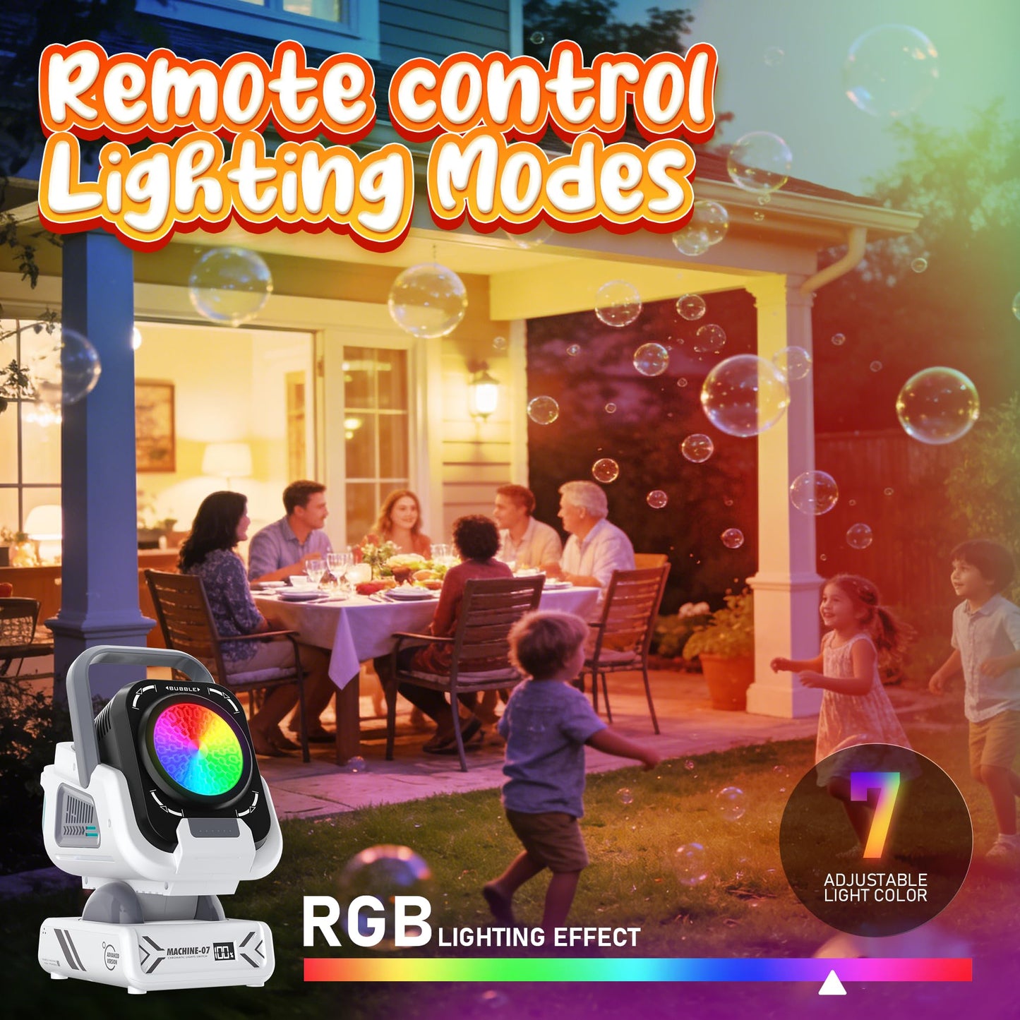 Kiskey Bubble Machine — 20,000+ Bubbles/Min, 7-Color RGB Lights, Remote