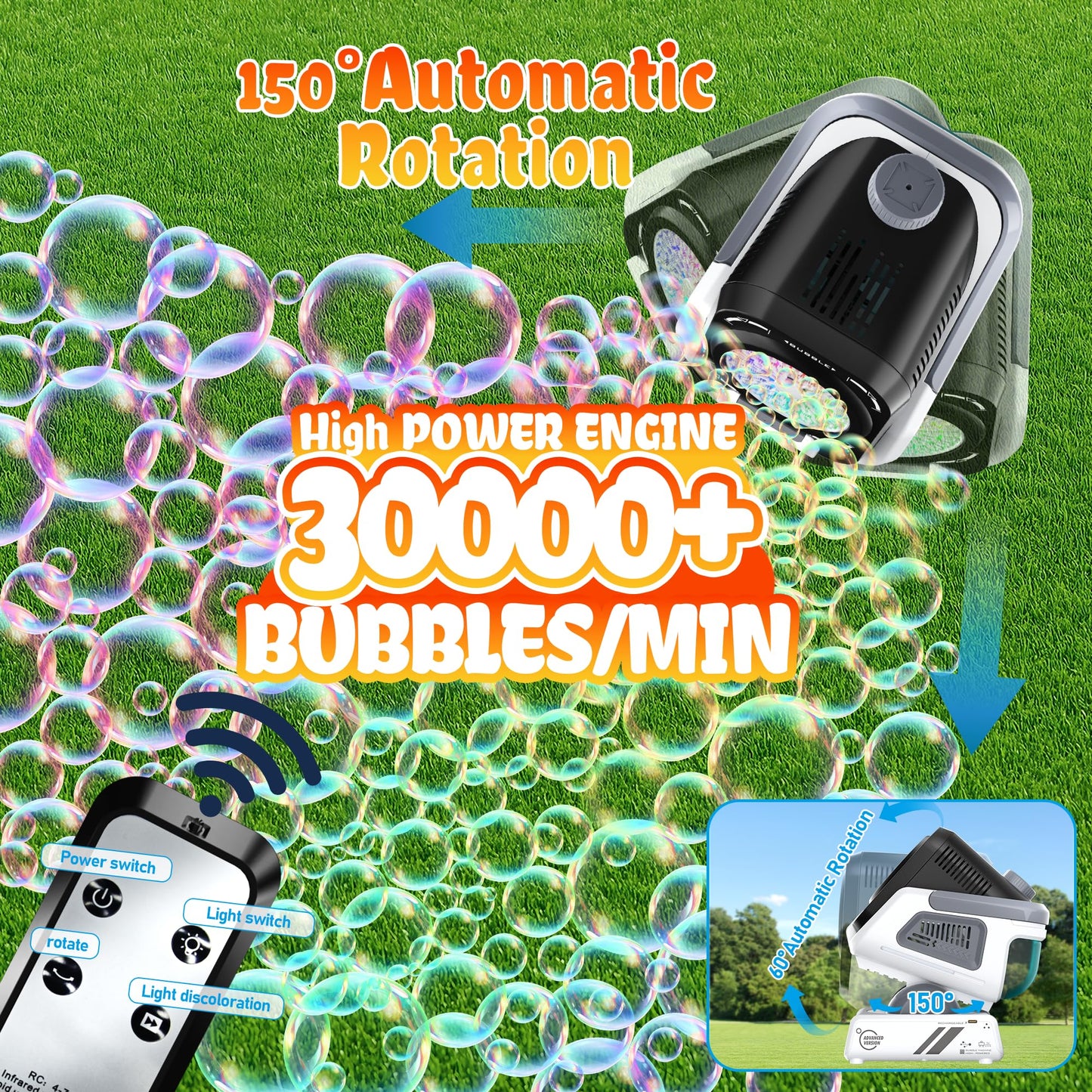 Kiskey Bubble Machine — 20,000+ Bubbles/Min, 7-Color RGB Lights, Remote