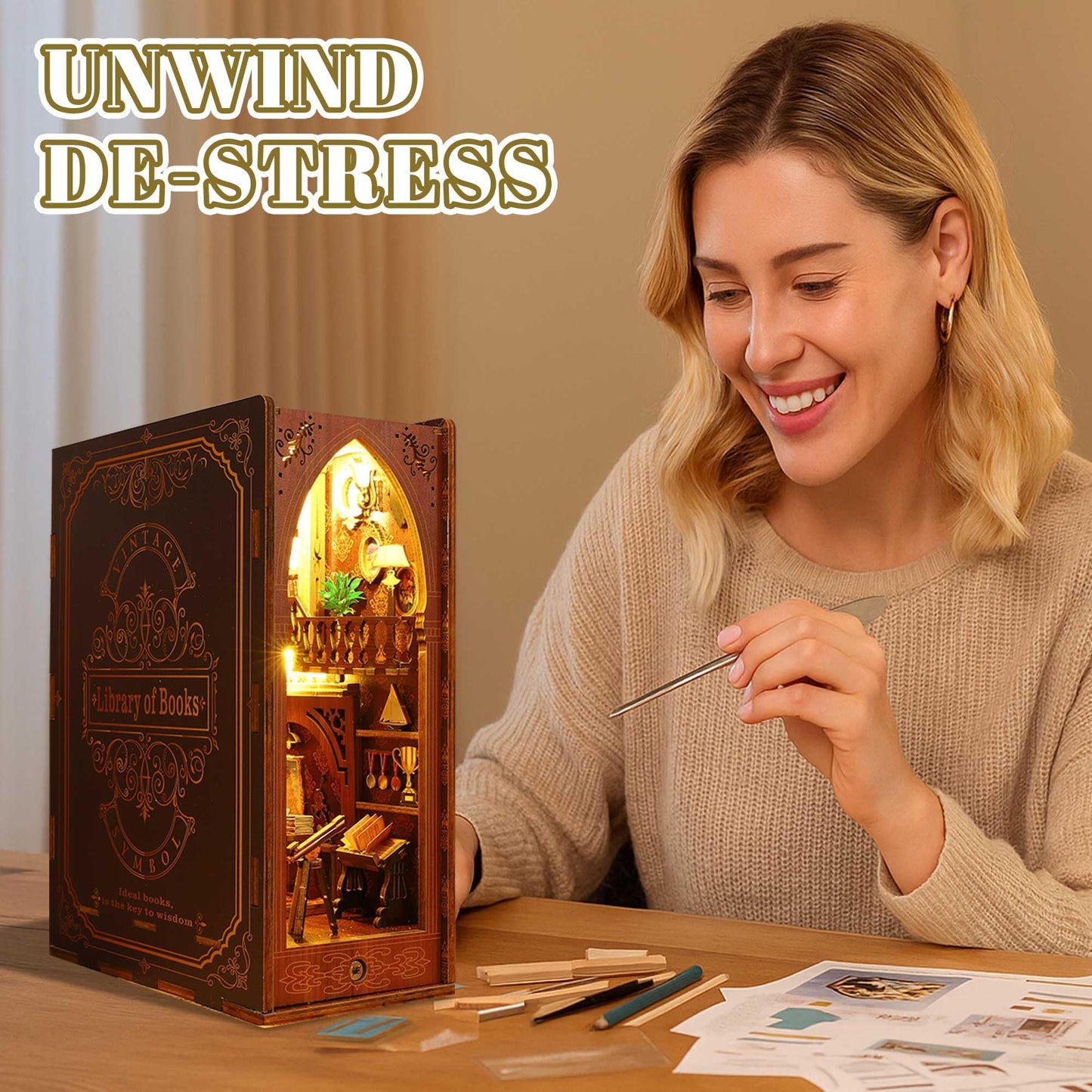 Kisoy Book Nook Kit - 3D Wooden Puzzle DIY Miniature House for Shelves