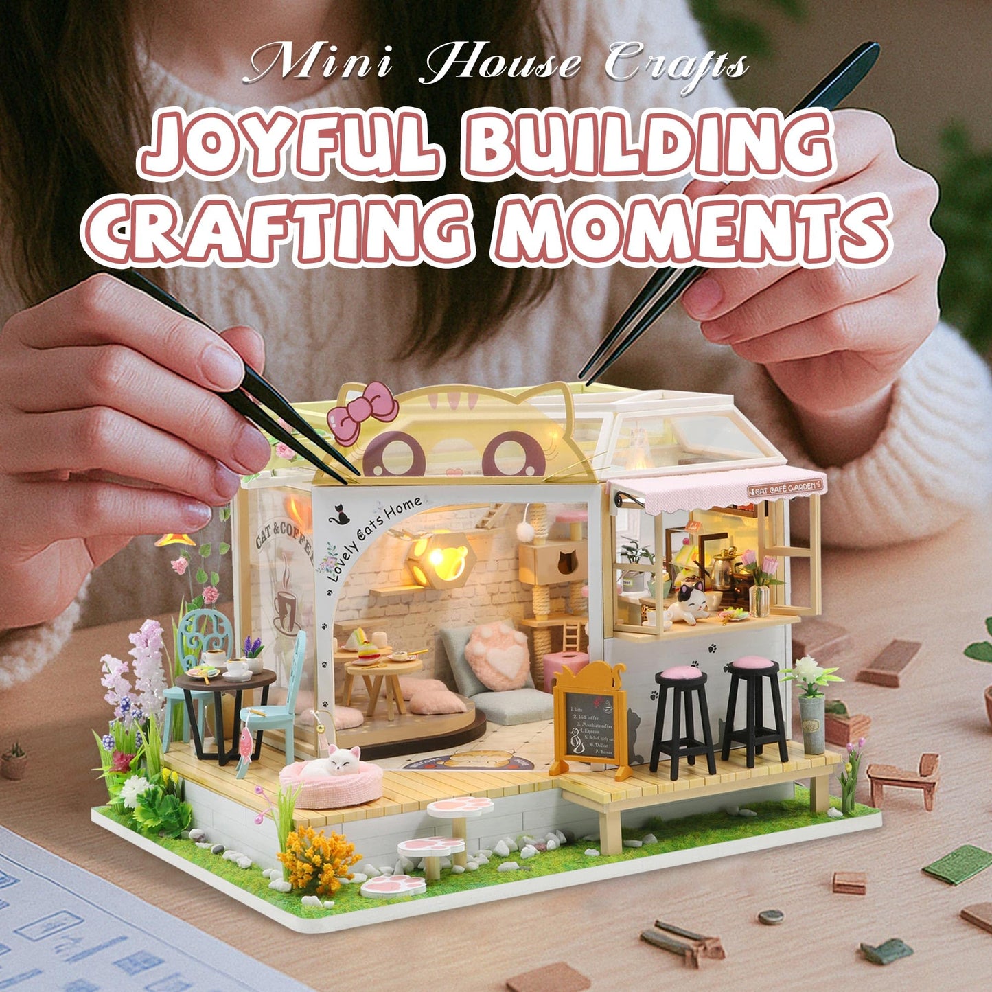 Kisoy Dollhouse Miniature Kit – Handmade DIY Cat Cafe Garden