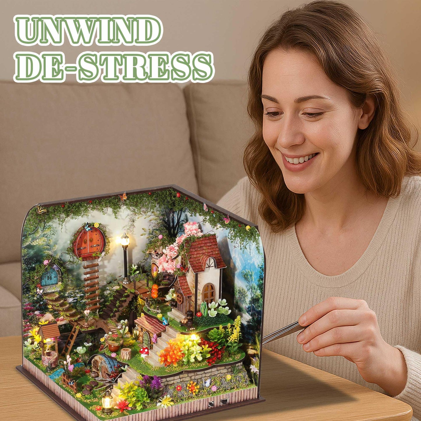 Kisoy DIY Miniature House Kit – Whispering Woods Tiny House with Furniture & LED Light