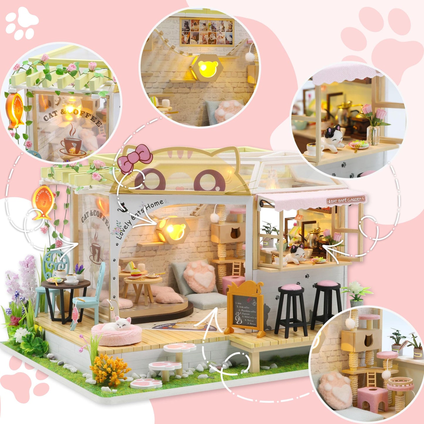 Kisoy Dollhouse Miniature Kit – Handmade DIY Cat Cafe Garden