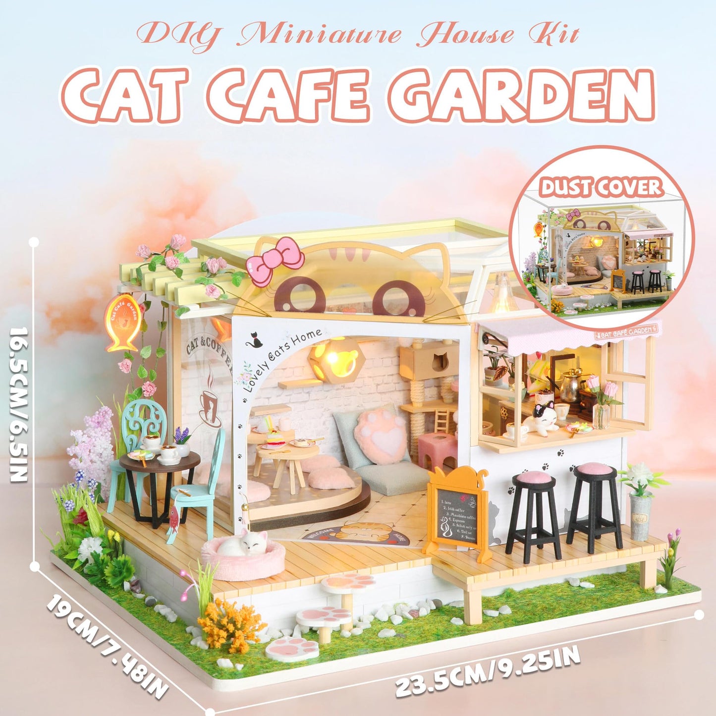 Kisoy Dollhouse Miniature Kit – Handmade DIY Cat Cafe Garden
