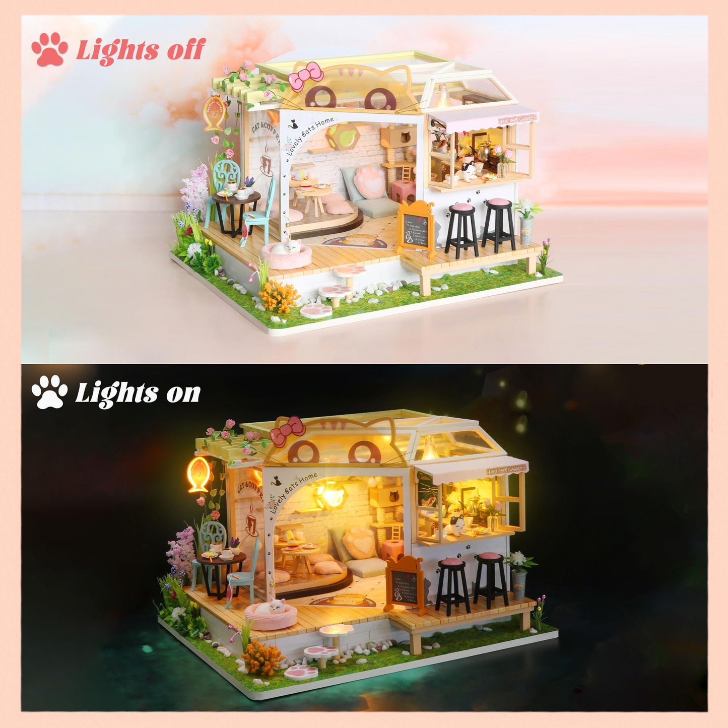Kisoy Dollhouse Miniature Kit – Handmade DIY Cat Cafe Garden