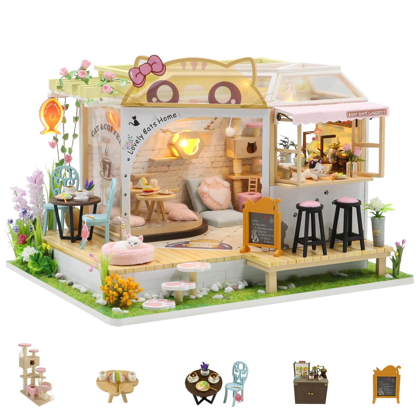 Kisoy Dollhouse Miniature Kit – Handmade DIY Cat Cafe Garden