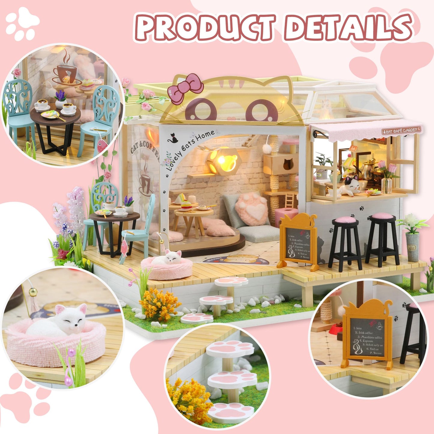 Kisoy Dollhouse Miniature Kit – Handmade DIY Cat Cafe Garden