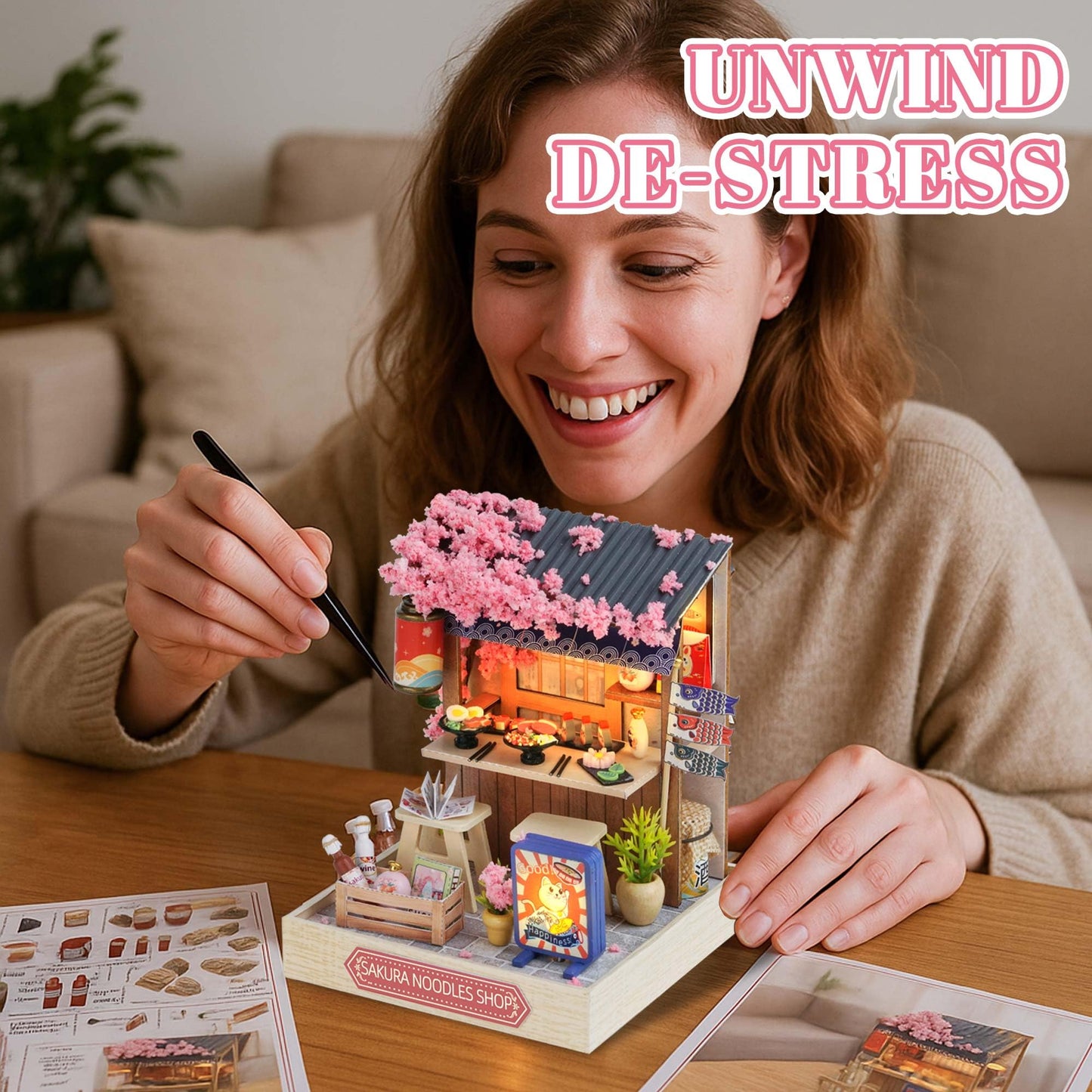 Kisoy Dollhouse Miniature Kit with Furniture — DIY 3D Wood House, Dust Cover, LED