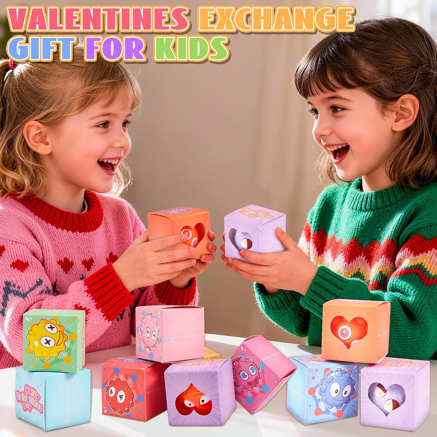 KissFree 24-Pack Valentines Day Gifts for Kids – 3D Pop Fidget Ball Boxes
