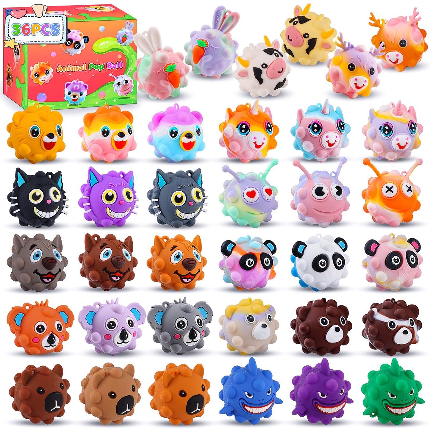 KissFree 36 Pack Animal Pop Balls – 3D Fidget Toys for Parties & Rewards