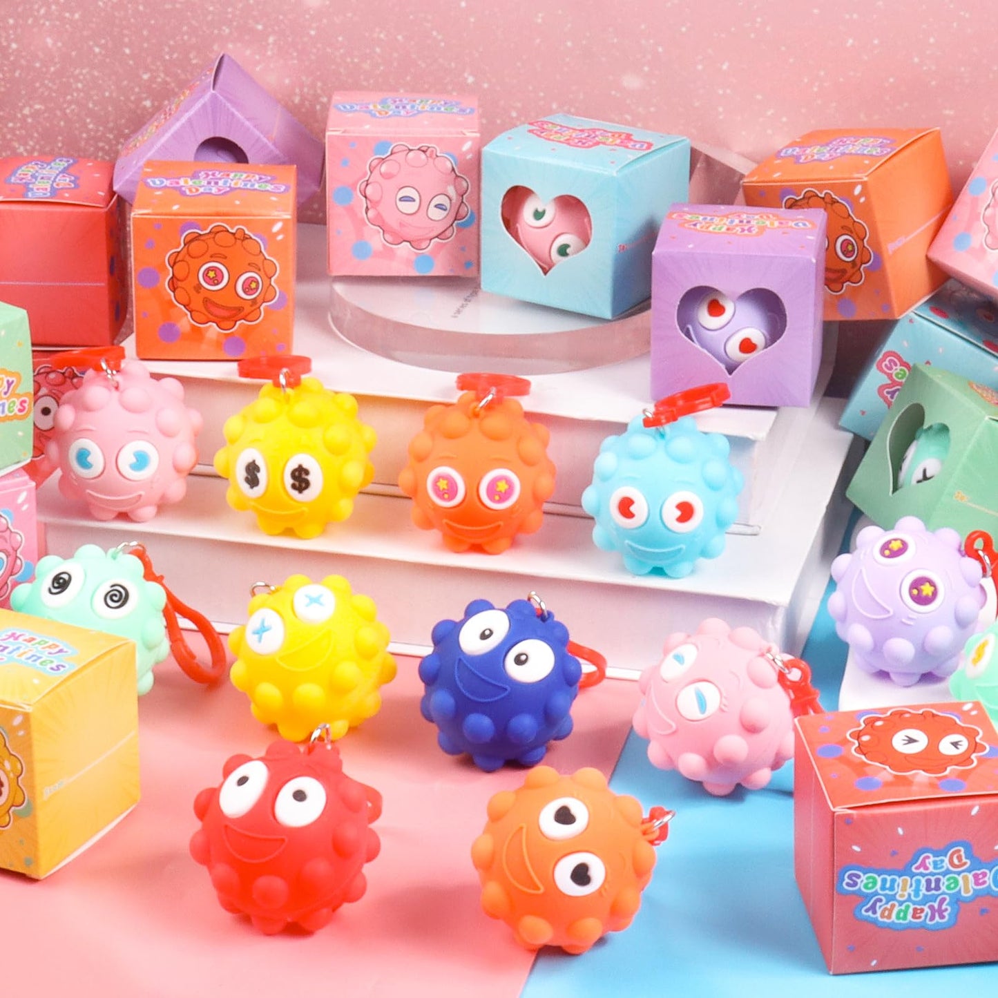 KissFree 24-Pack Valentines Day Gifts for Kids – 3D Pop Fidget Ball Boxes