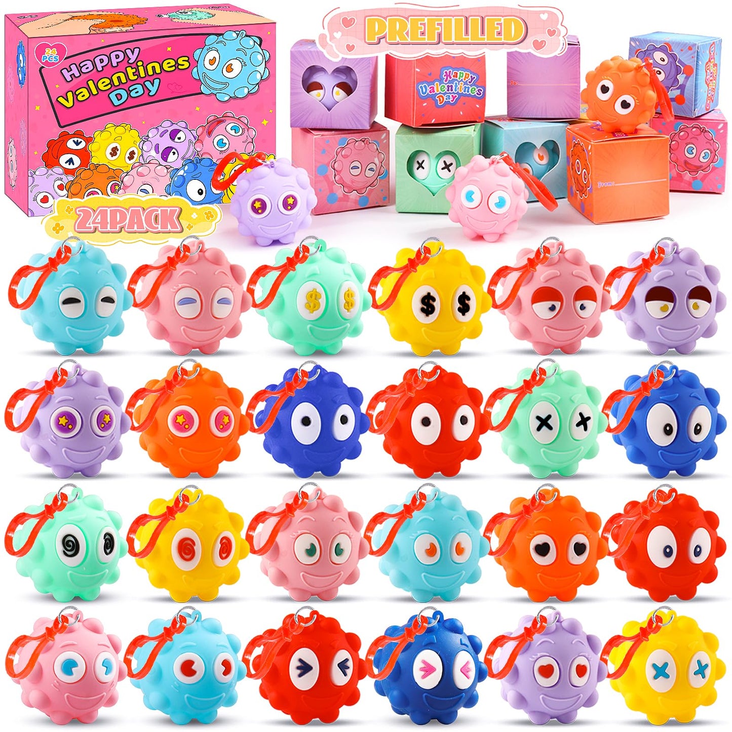 KissFree 24-Pack Valentines Day Gifts for Kids – 3D Pop Fidget Ball Boxes