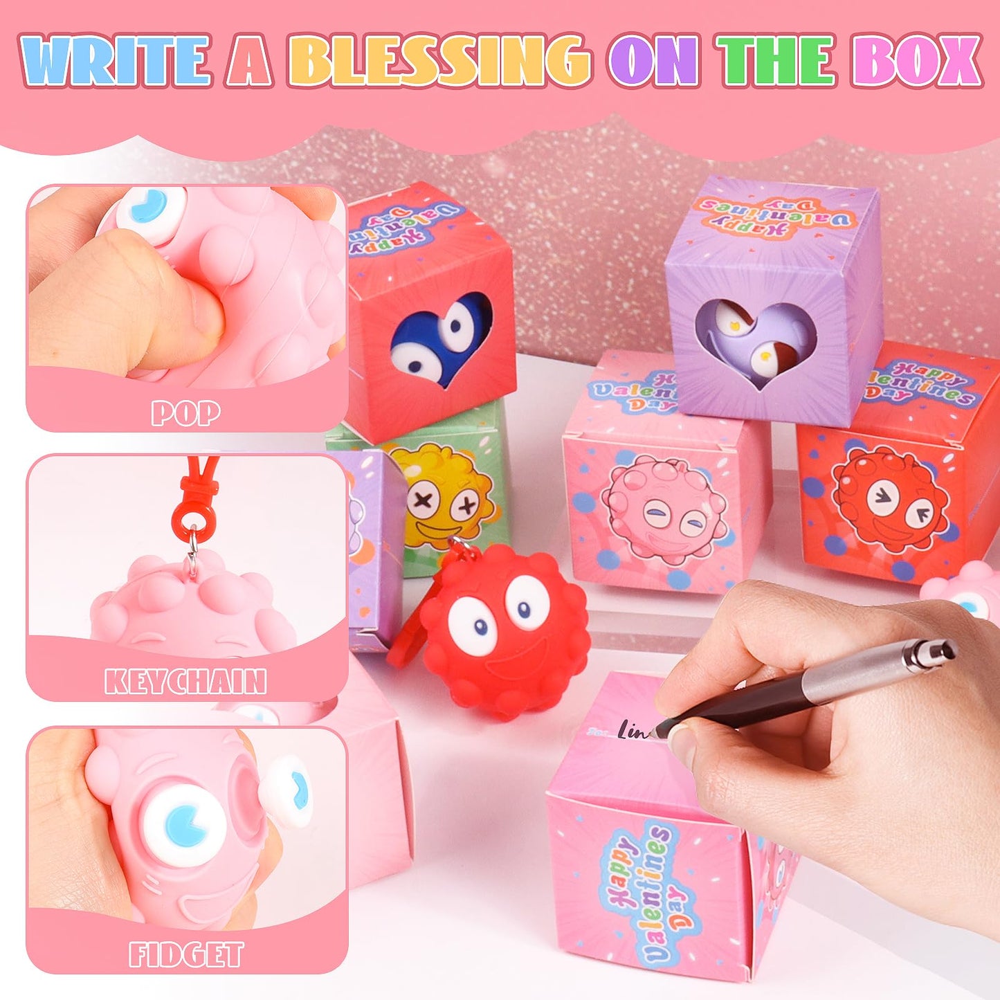 KissFree 24-Pack Valentines Day Gifts for Kids – 3D Pop Fidget Ball Boxes
