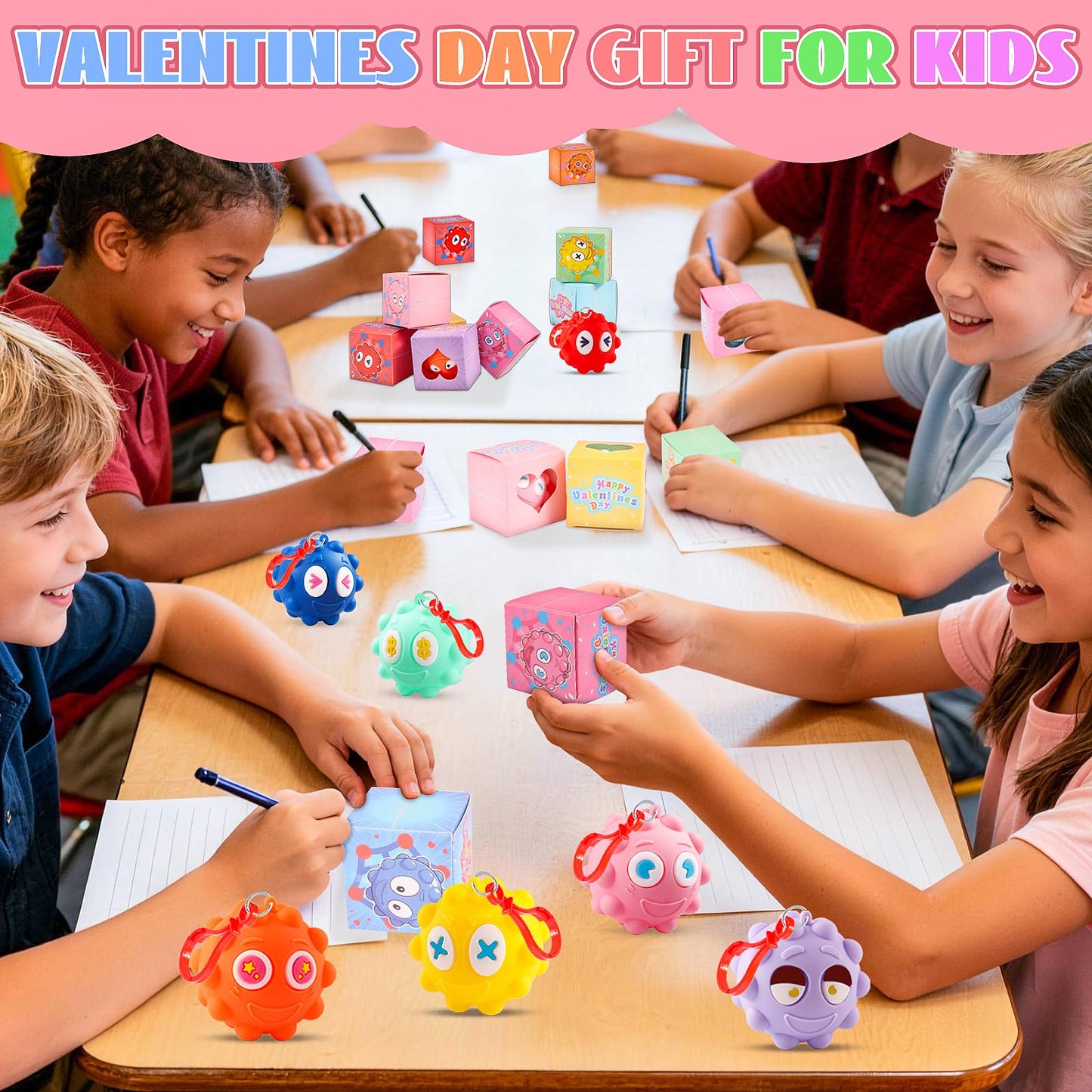 KissFree 24-Pack Valentines Day Gifts for Kids – 3D Pop Fidget Ball Boxes