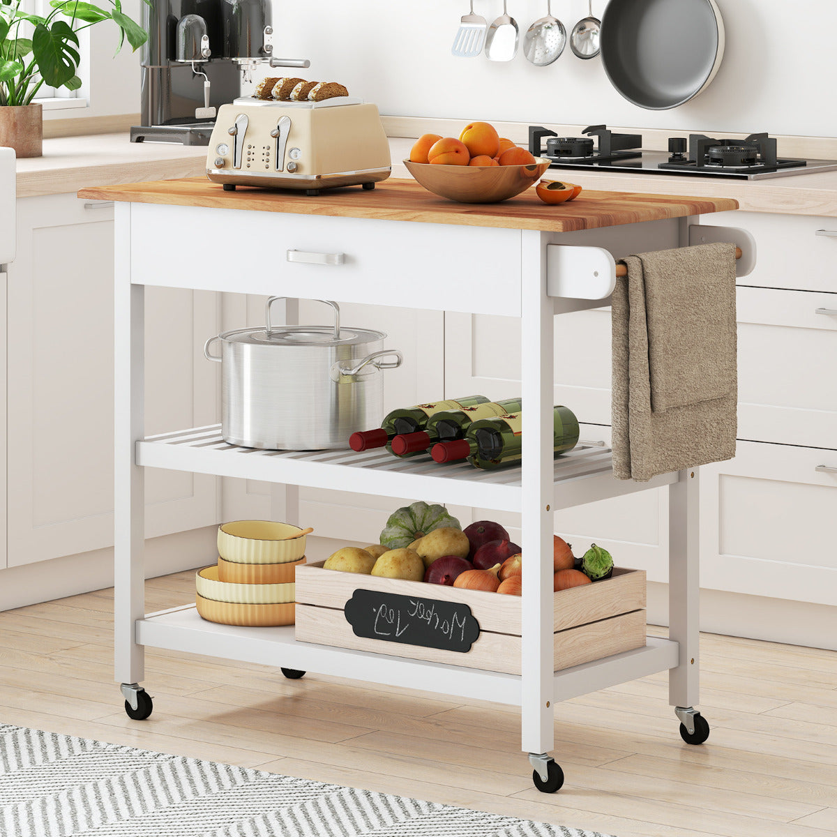 Kitchen Island with Open Shelves and Lockable Casters-Black