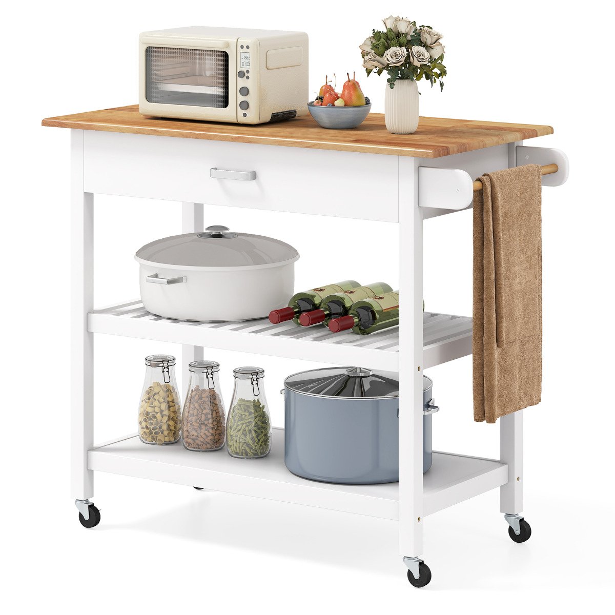 Kitchen Island with Open Shelves and Lockable Casters-Black