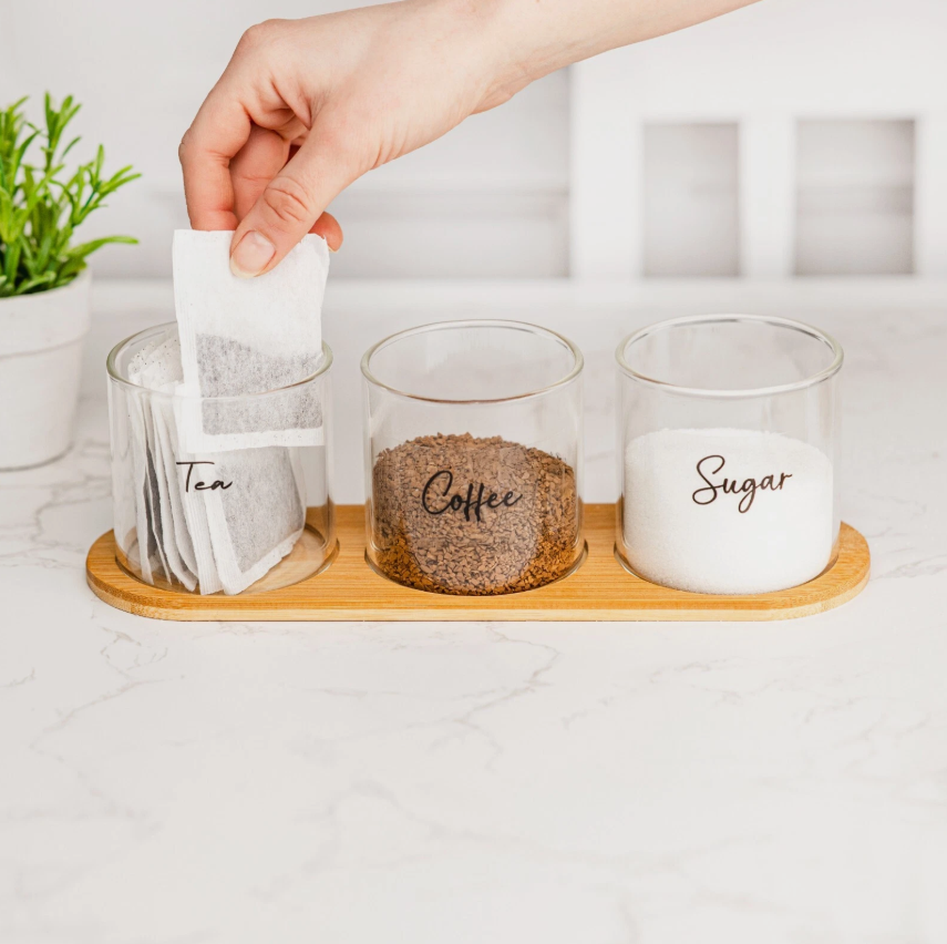Glass Jar Kitchen Station Set with Wooden Tray Labels and Spoons