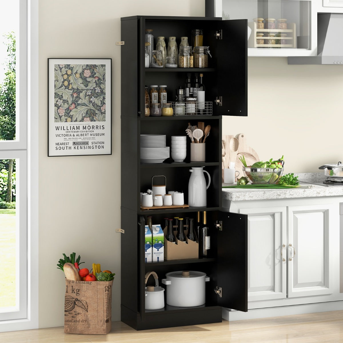 190cm Tall Freestanding Cupboard with Doors and Shelves-White