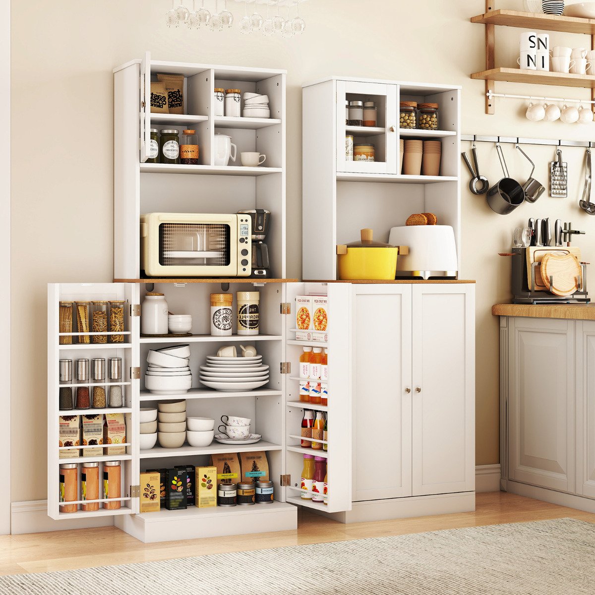 170CM Kitchen Pantry Cabinet Freestanding Tall Cupboard with Microwave Shelf-White