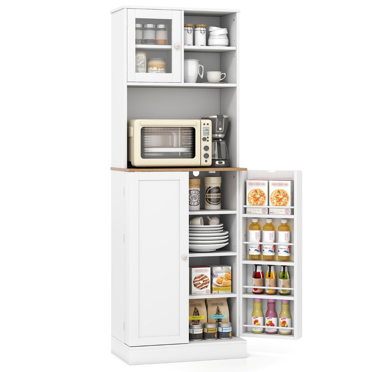 170CM Kitchen Pantry Cabinet Freestanding Tall Cupboard with Microwave Shelf-White