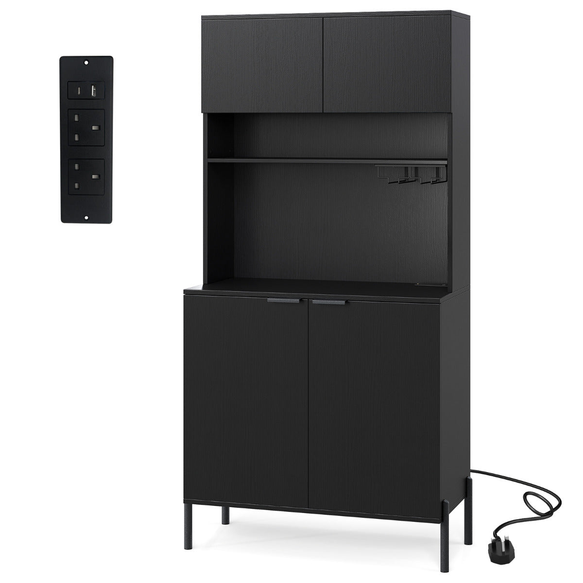 Kitchen Pantry Cabinet with Power Outlets and Wine Racks-Black