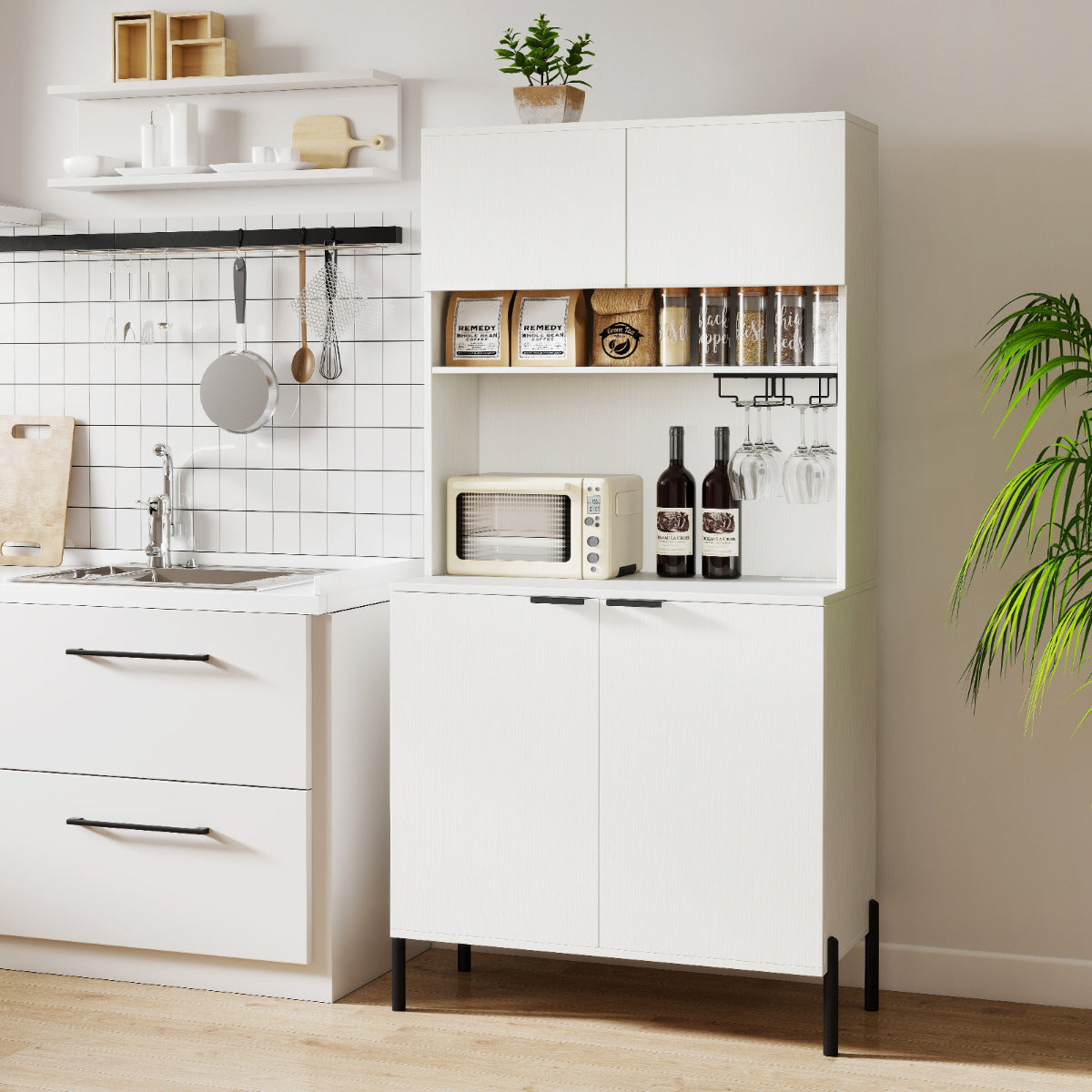 Kitchen Pantry Cabinet with Power Outlets and Wine Racks-Black