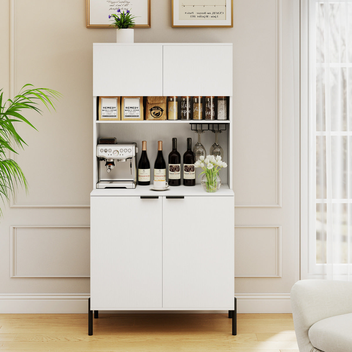 Kitchen Pantry Cabinet with Power Outlets and Wine Racks-Black