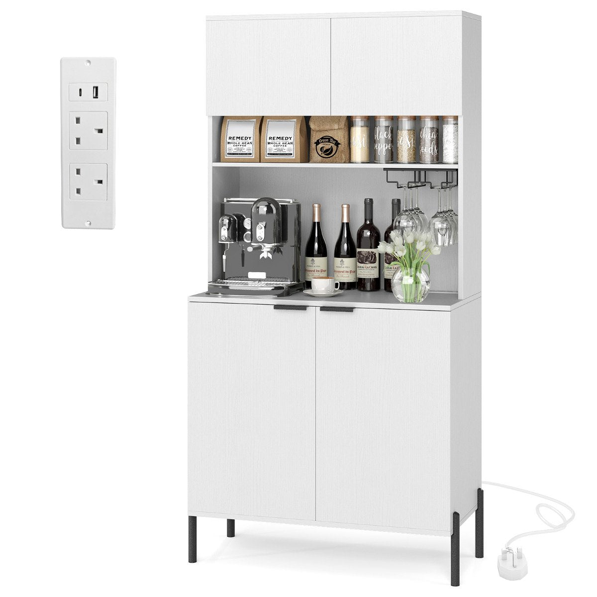Kitchen Pantry Cabinet with Power Outlets and Wine Racks-Black