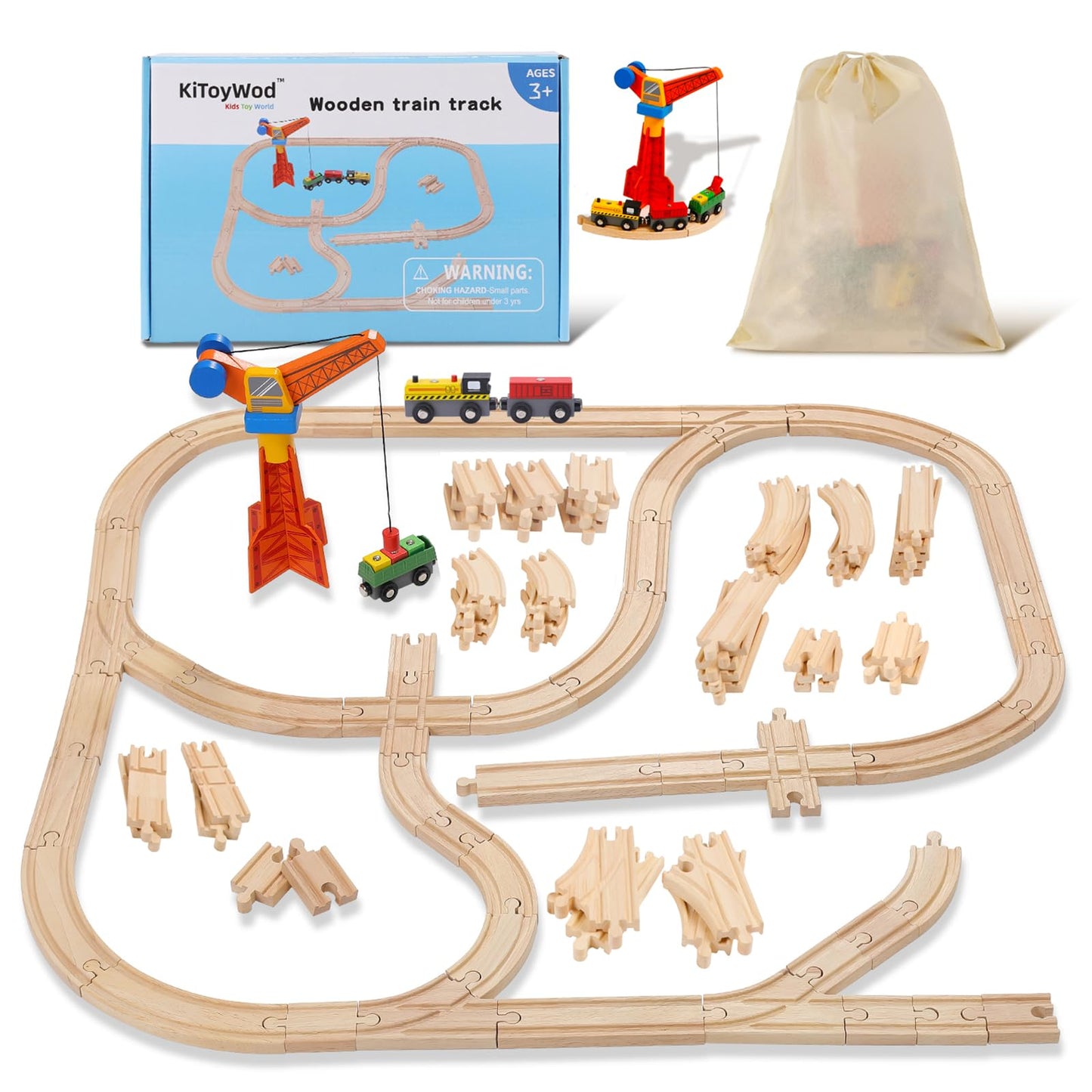 KiToyWod 62pcs Wooden Train Track Set – Compatible with Major Brands, for Ages 3-10