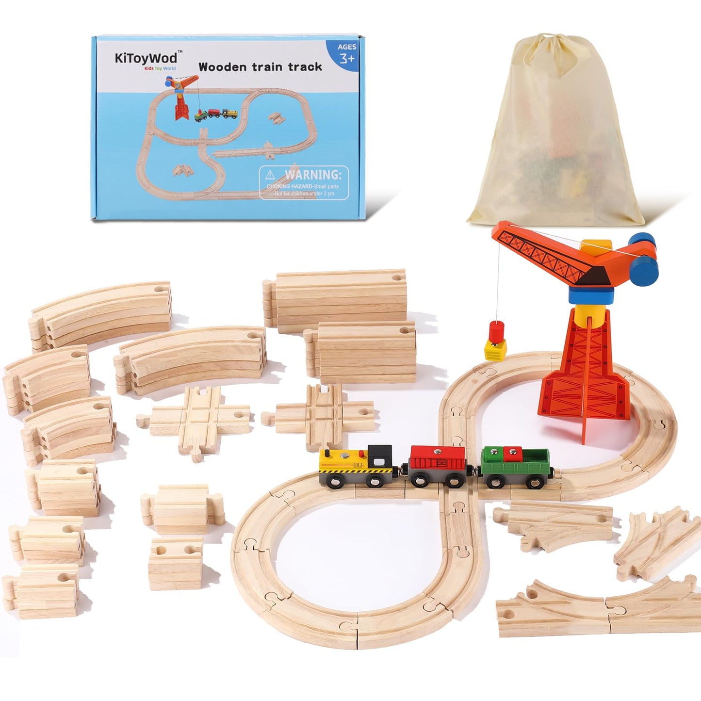 KiToyWod 62pcs Wooden Train Track Set – Compatible with Major Brands, for Ages 3-10