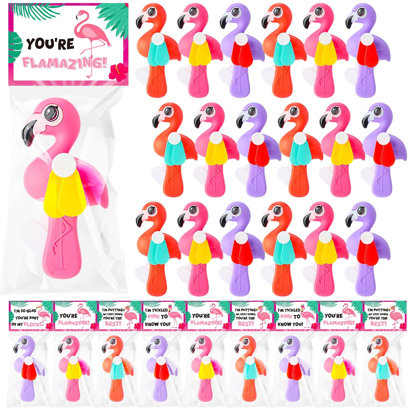 Kittmip 24-Pack Mini Flamingo Fans – Portable Handheld Gift Set with Cards