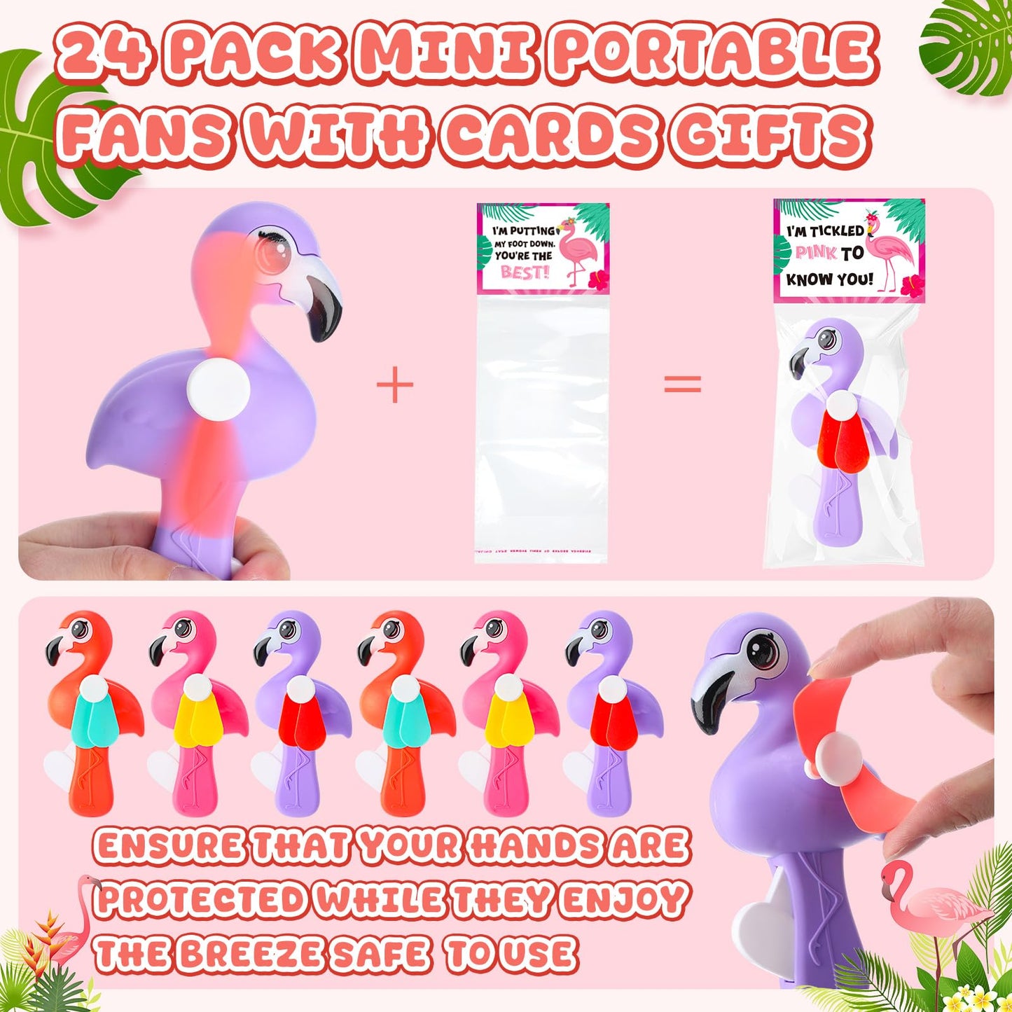 Kittmip 24-Pack Mini Flamingo Fans – Portable Handheld Gift Set with Cards