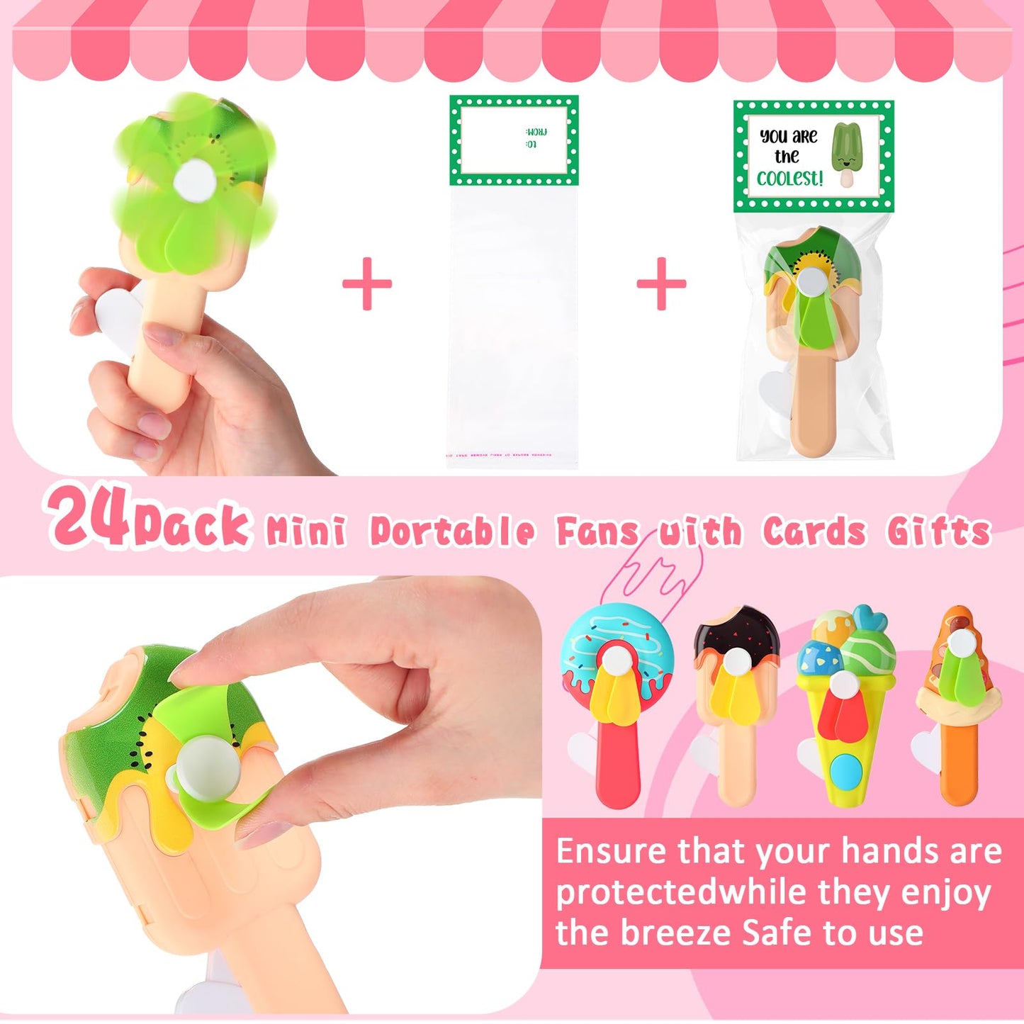 Kittmip 24 Pack Mini Ice Cream Handheld Fans with Cards – Portable Gift Set