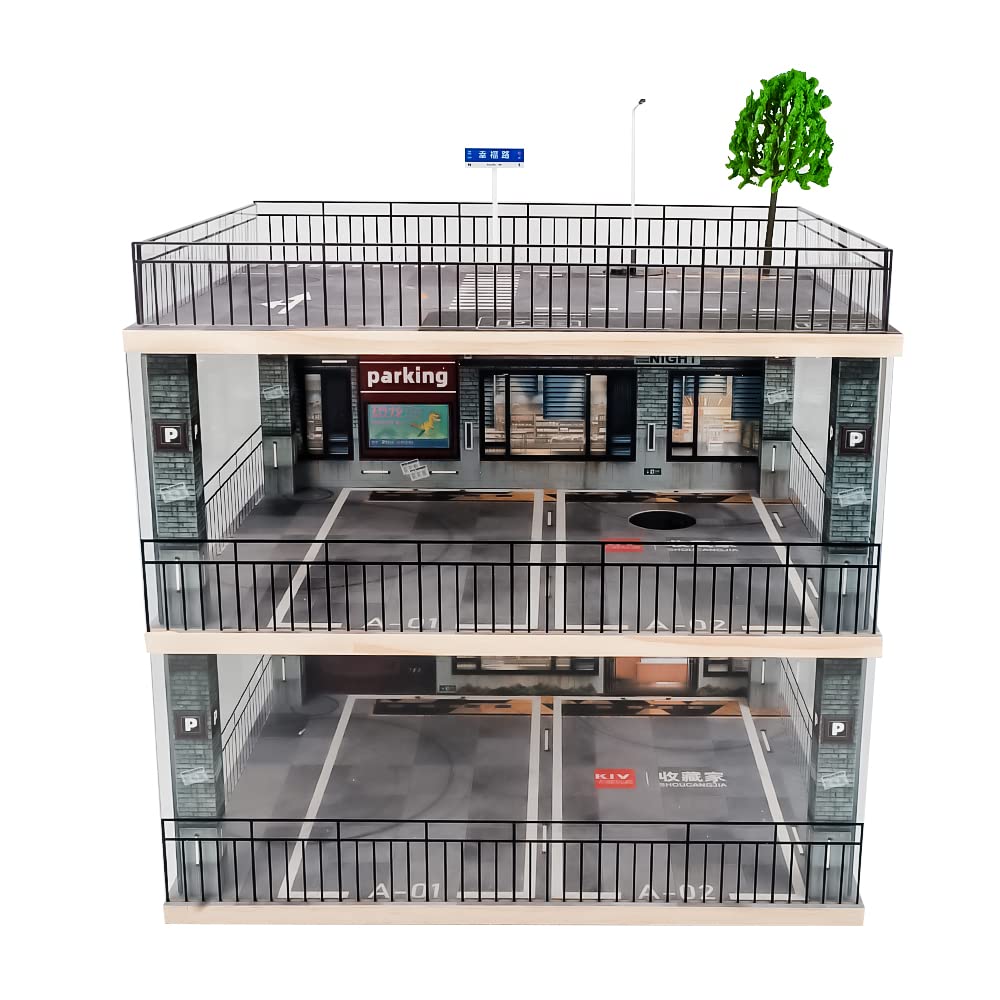 kivcmds 1:18 Scale 3-Tiers Model Car Display Case with Parking Lot Scene and LED Lighting