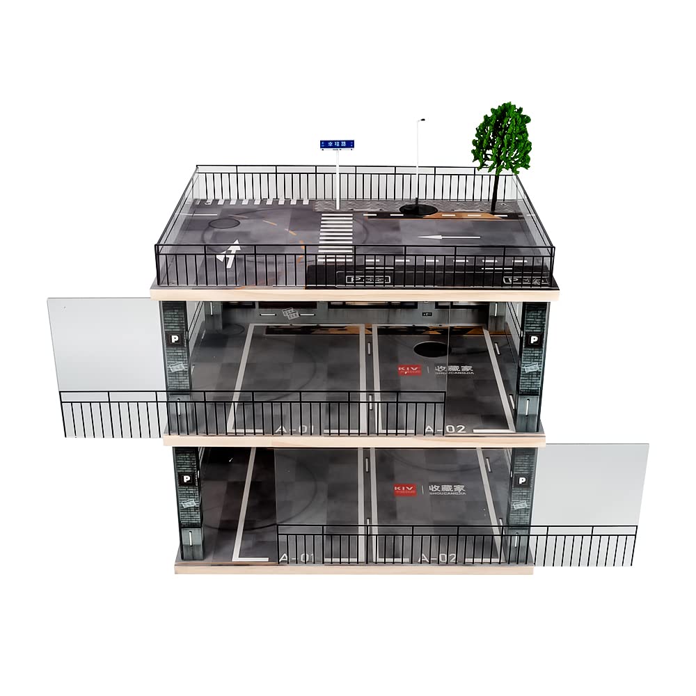 kivcmds 1:18 Scale 3-Tiers Model Car Display Case with Parking Lot Scene and LED Lighting