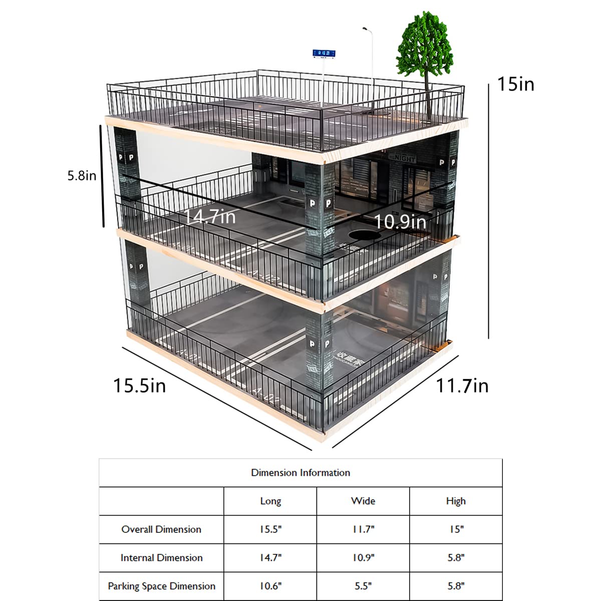 kivcmds 1:18 Scale 3-Tiers Model Car Display Case with Parking Lot Scene and LED Lighting