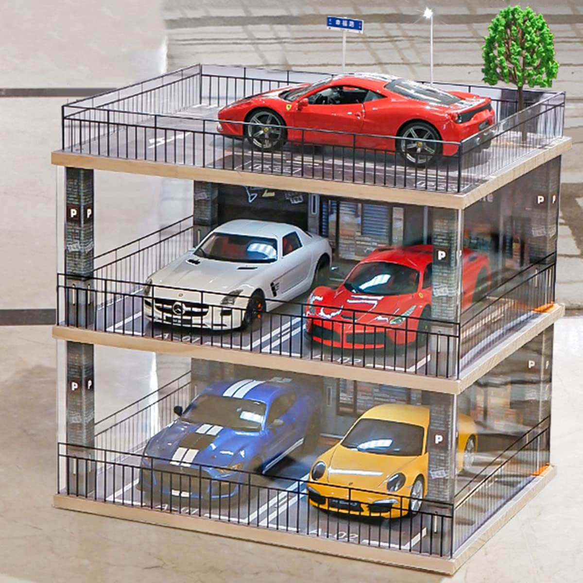 kivcmds 1:18 Scale 3-Tiers Model Car Display Case with Parking Lot Scene and LED Lighting