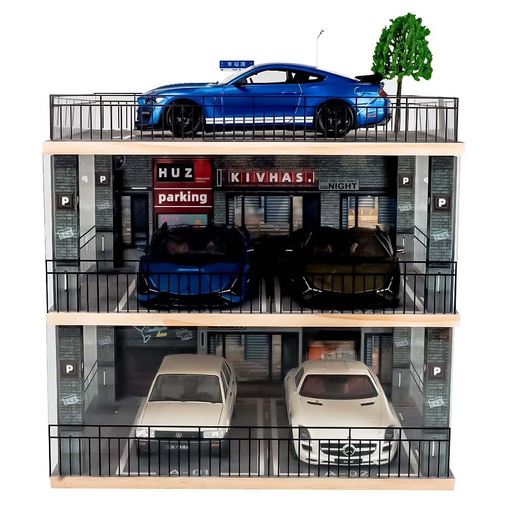 kivcmds 1:18 Scale 3-Tiers Model Car Display Case with Parking Lot Scene and LED Lighting