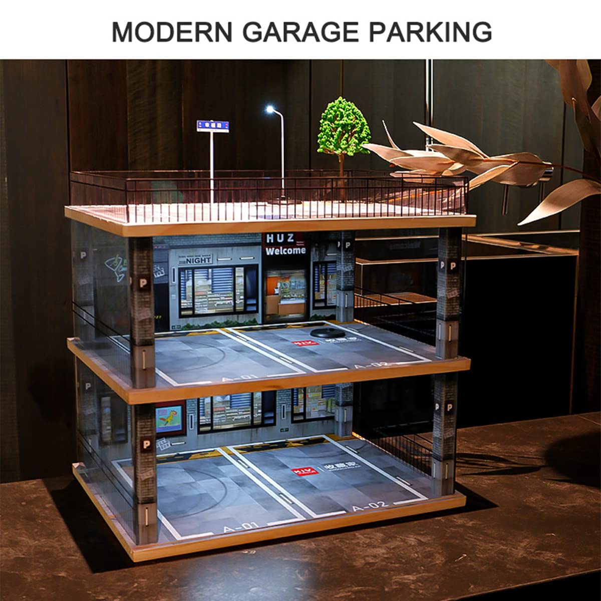 kivcmds 1:18 Scale 3-Tiers Model Car Display Case with Parking Lot Scene and LED Lighting