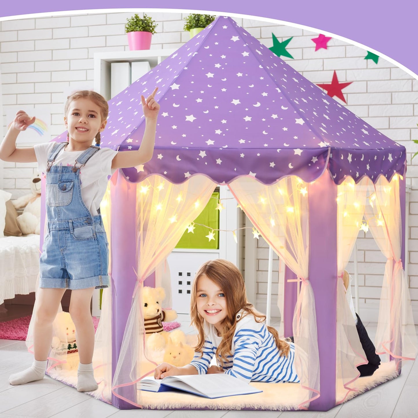 KIXINWA Purple Princess Tent for Girls – 55×53 in Castle Playhouse with LED Star Lights, Indoor/Outdoor Kids Play Tent