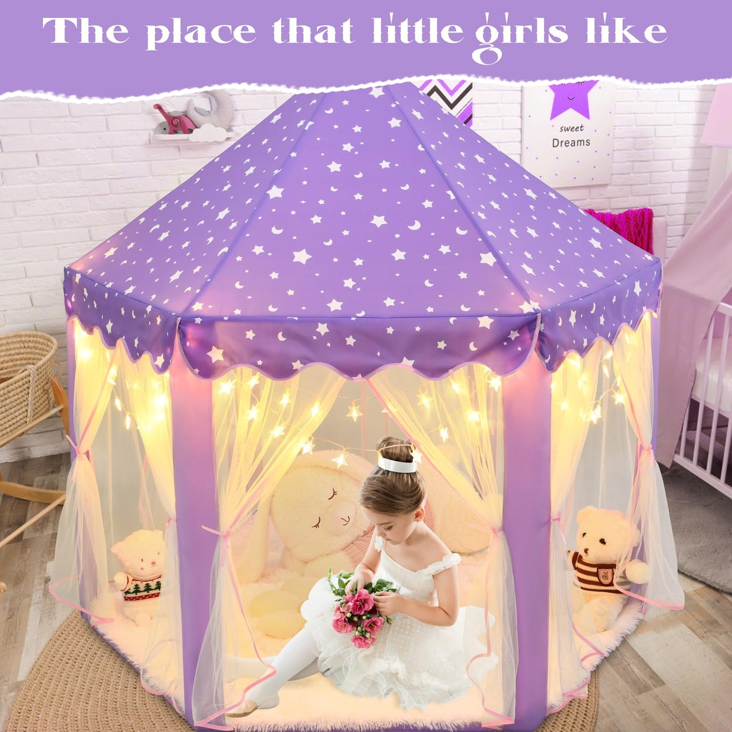 KIXINWA Purple Princess Tent for Girls – 55×53 in Castle Playhouse with LED Star Lights, Indoor/Outdoor Kids Play Tent