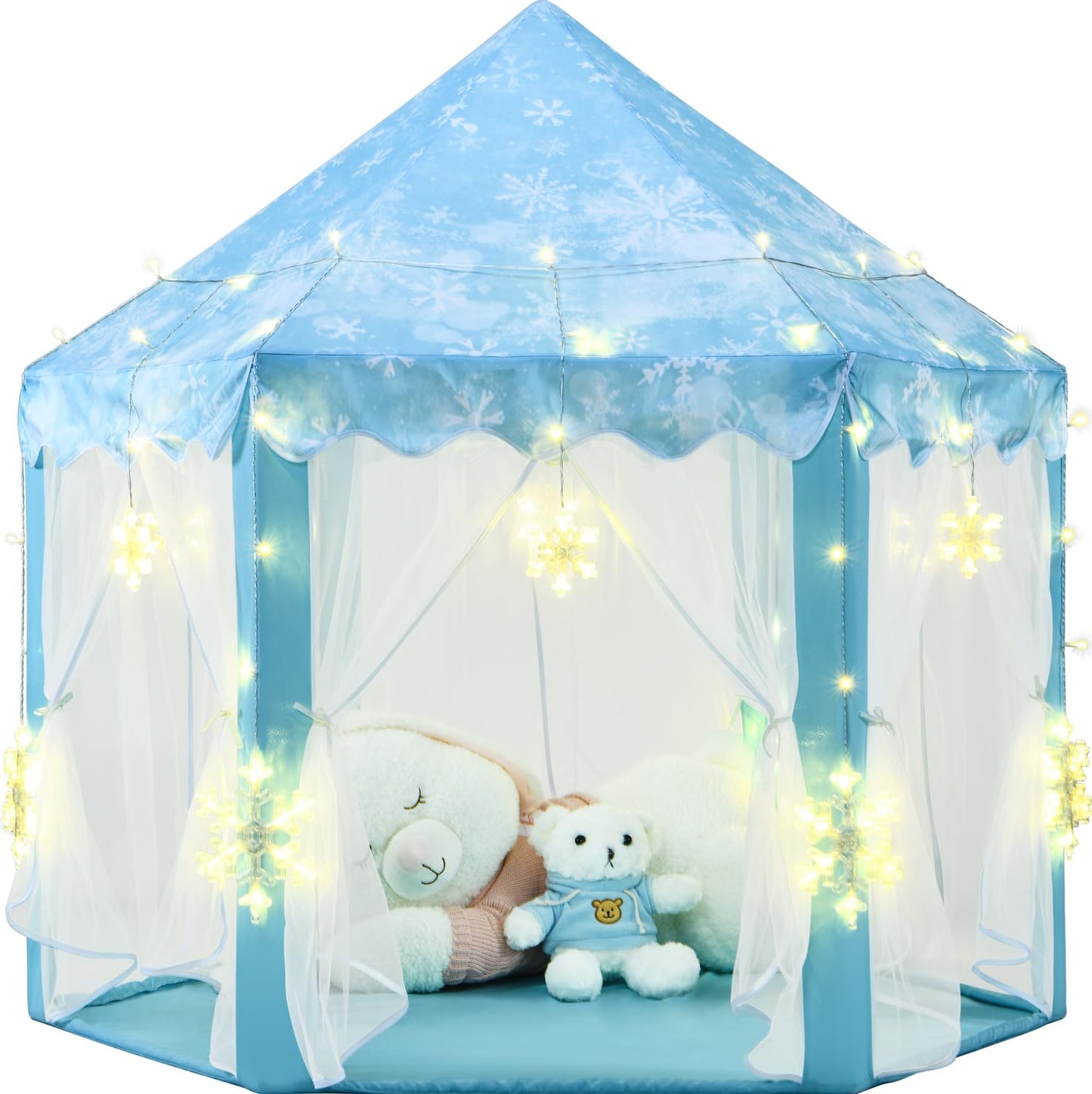KIXINWA Frozen Princess Tent for Girls – Large Castle Playhouse with LED Snowflake Lights, 55×53 in