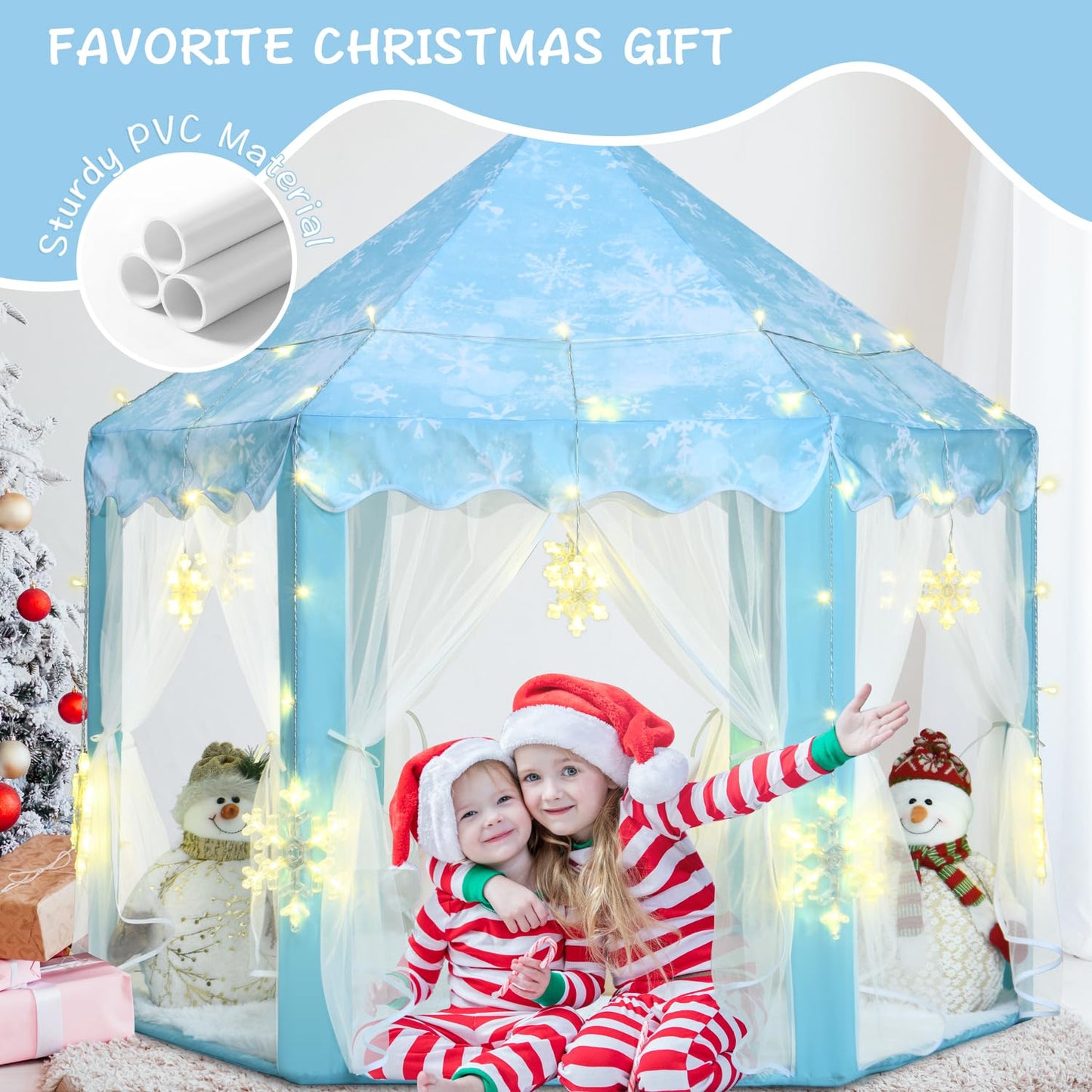 KIXINWA Frozen Princess Tent for Girls – Large Castle Playhouse with LED Snowflake Lights, 55×53 in