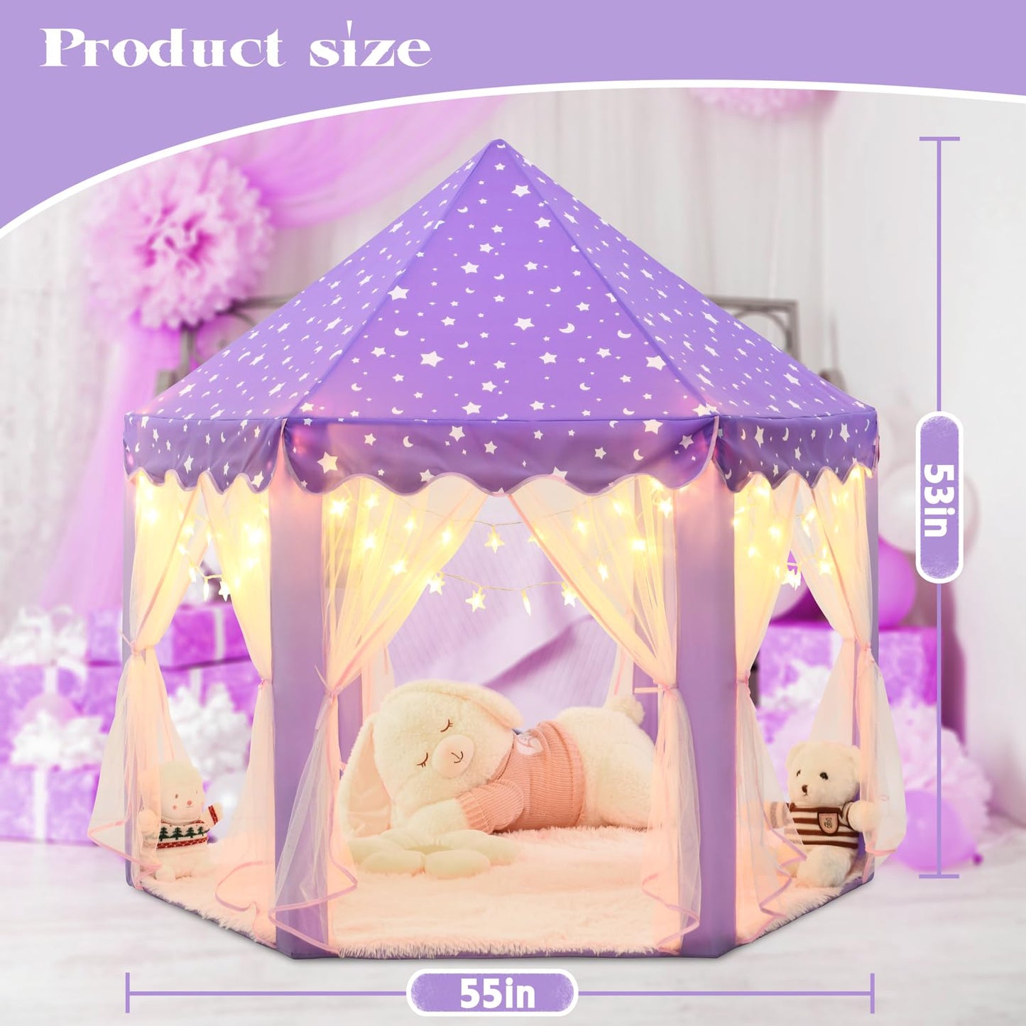 KIXINWA Purple Princess Tent for Girls – 55×53 in Castle Playhouse with LED Star Lights, Indoor/Outdoor Kids Play Tent