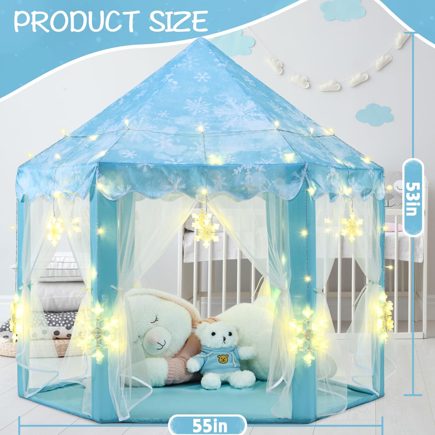 KIXINWA Frozen Princess Tent for Girls – Large Castle Playhouse with LED Snowflake Lights, 55×53 in