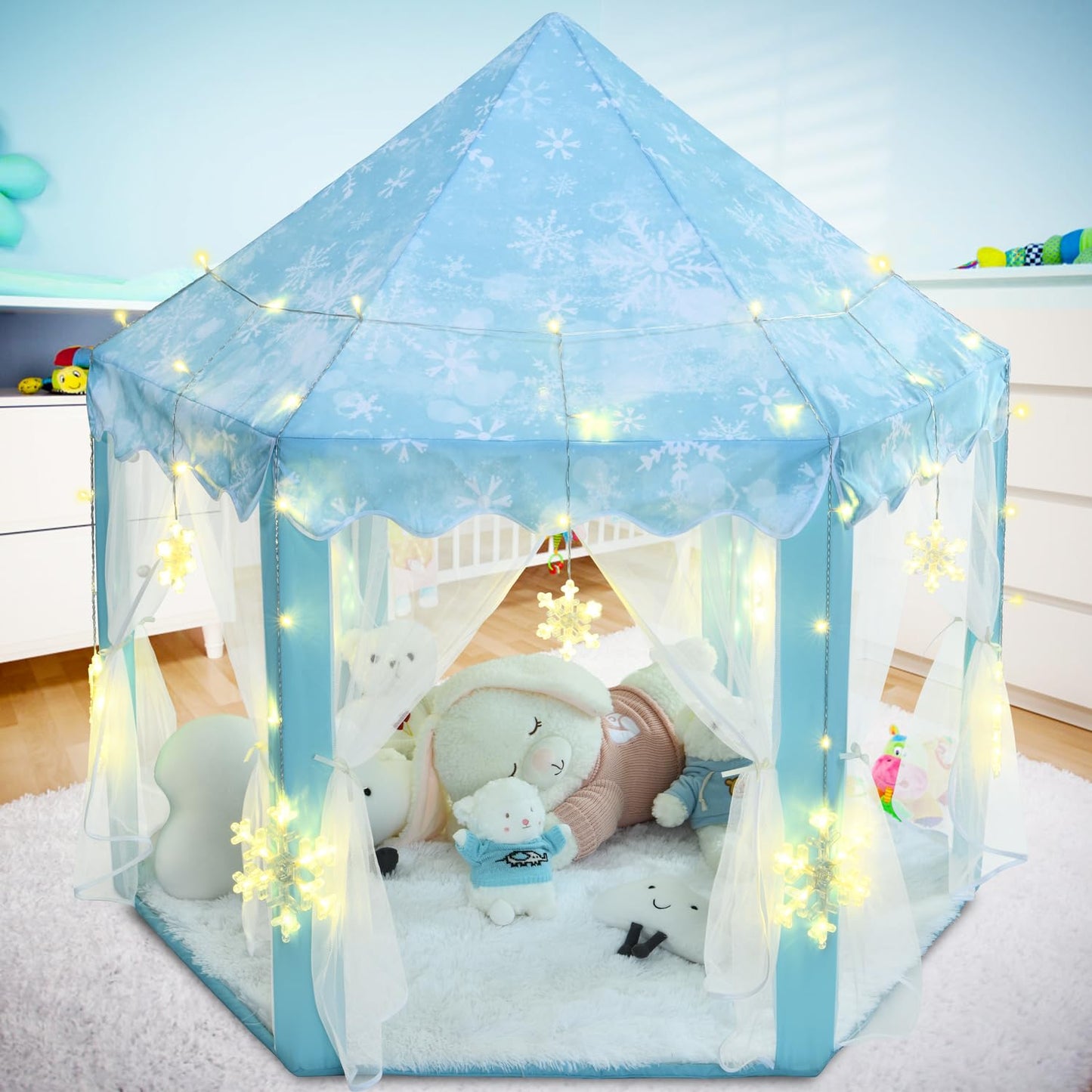 KIXINWA Frozen Princess Tent for Girls – Large Castle Playhouse with LED Snowflake Lights, 55×53 in