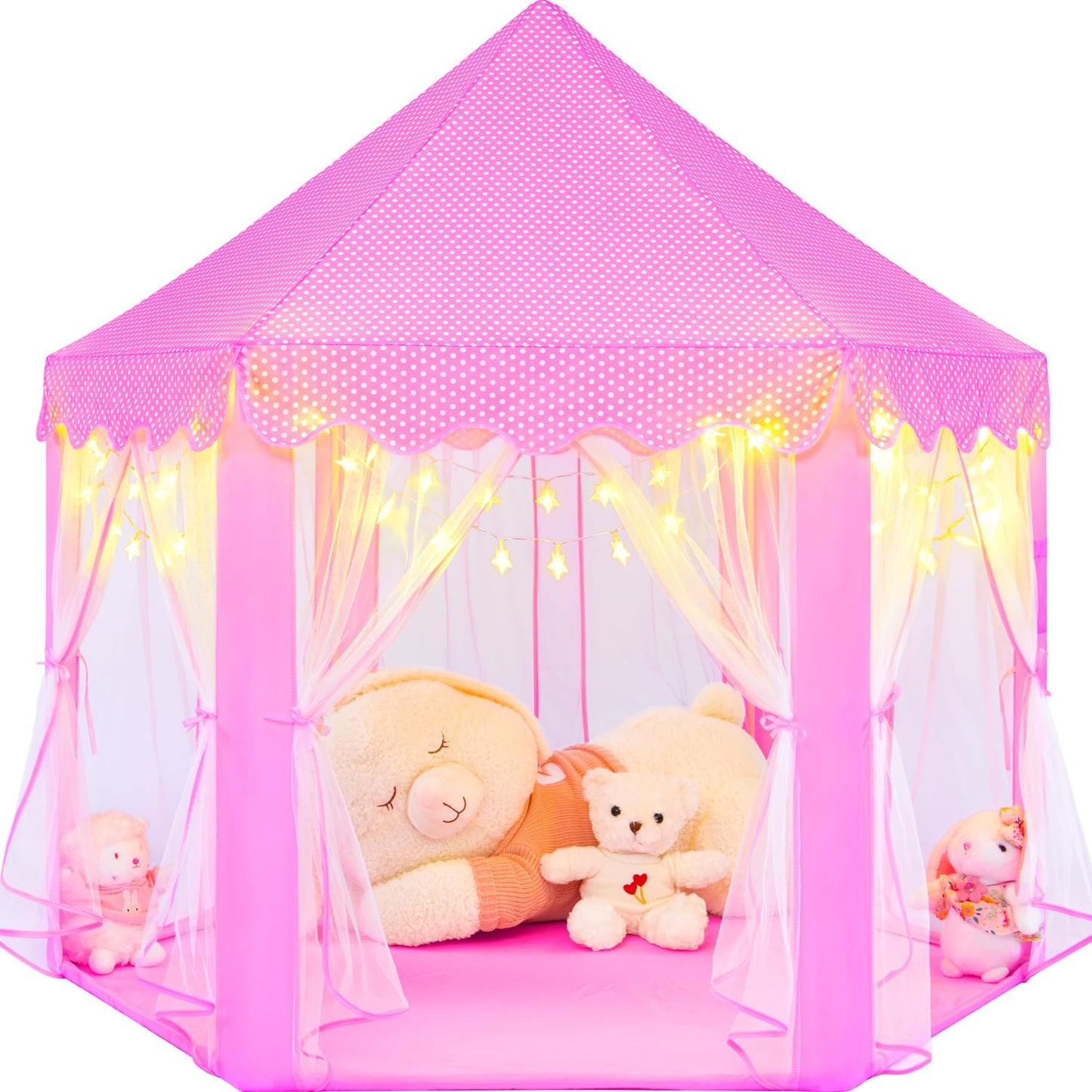 KIXINWA Pink Princess Tent with LED Stars – Castle Playhouse for Kids (Indoor/Outdoor)