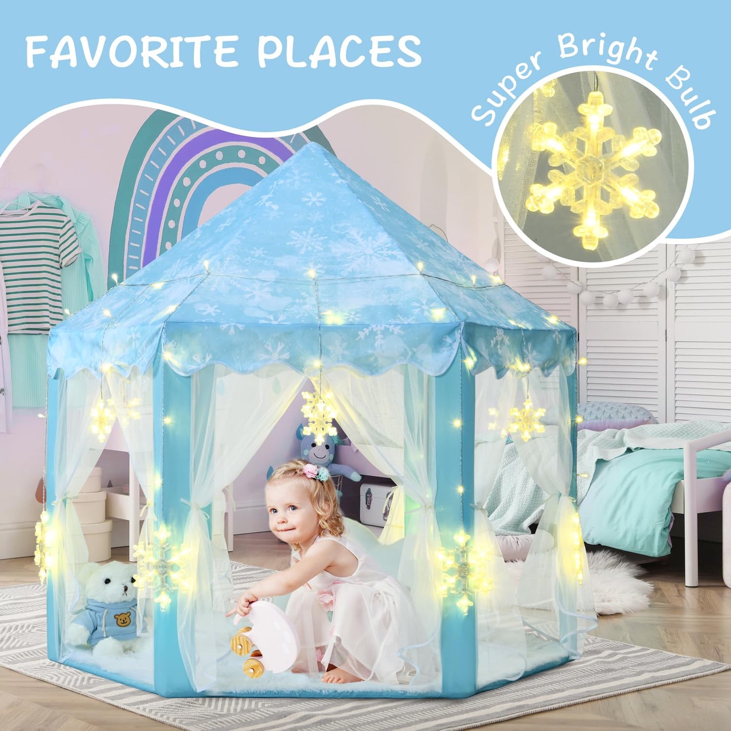 KIXINWA Frozen Princess Tent for Girls – Large Castle Playhouse with LED Snowflake Lights, 55×53 in