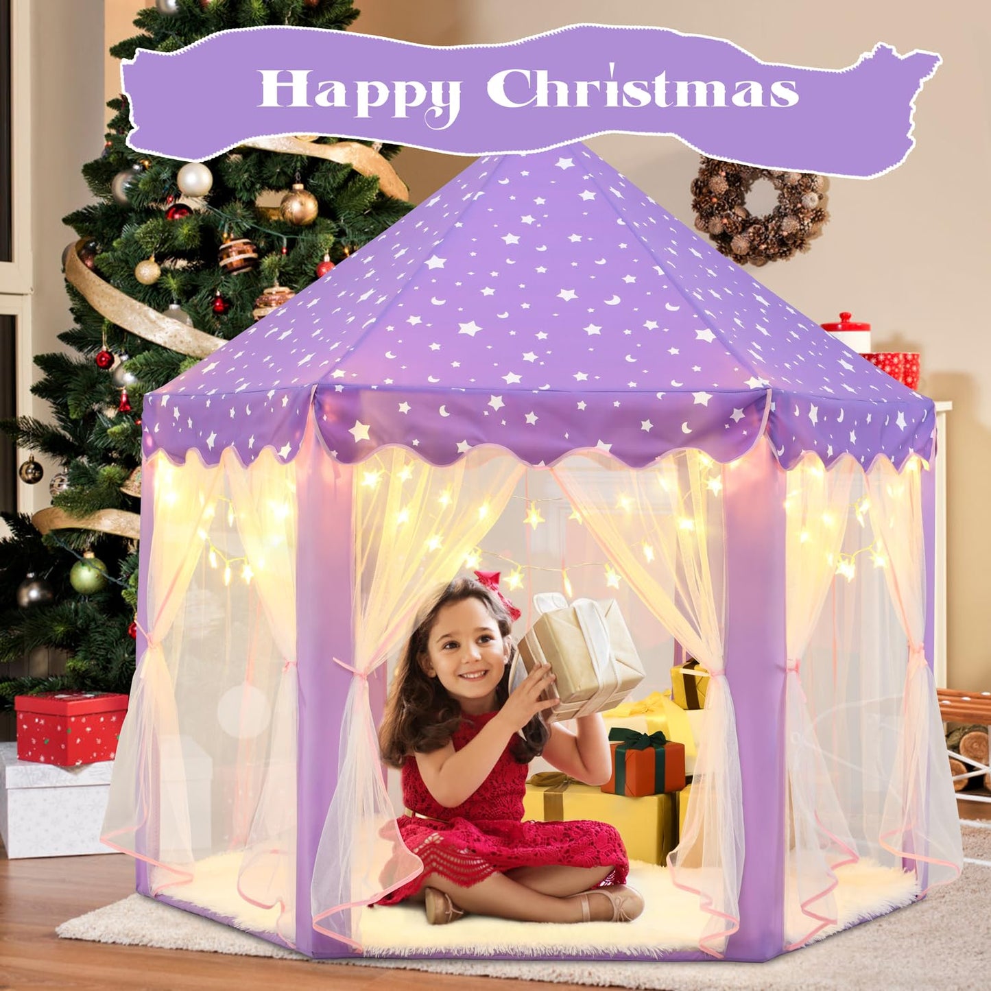 KIXINWA Purple Princess Tent for Girls – 55×53 in Castle Playhouse with LED Star Lights, Indoor/Outdoor Kids Play Tent