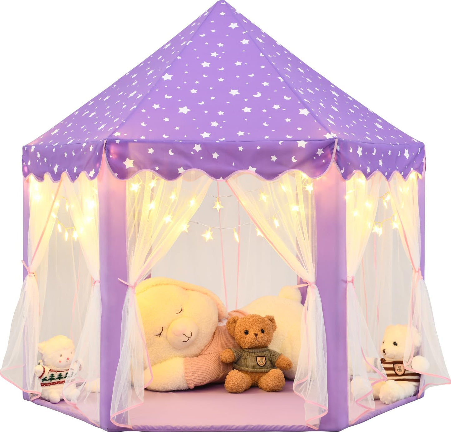 KIXINWA Purple Princess Tent for Girls – 55×53 in Castle Playhouse with LED Star Lights, Indoor/Outdoor Kids Play Tent