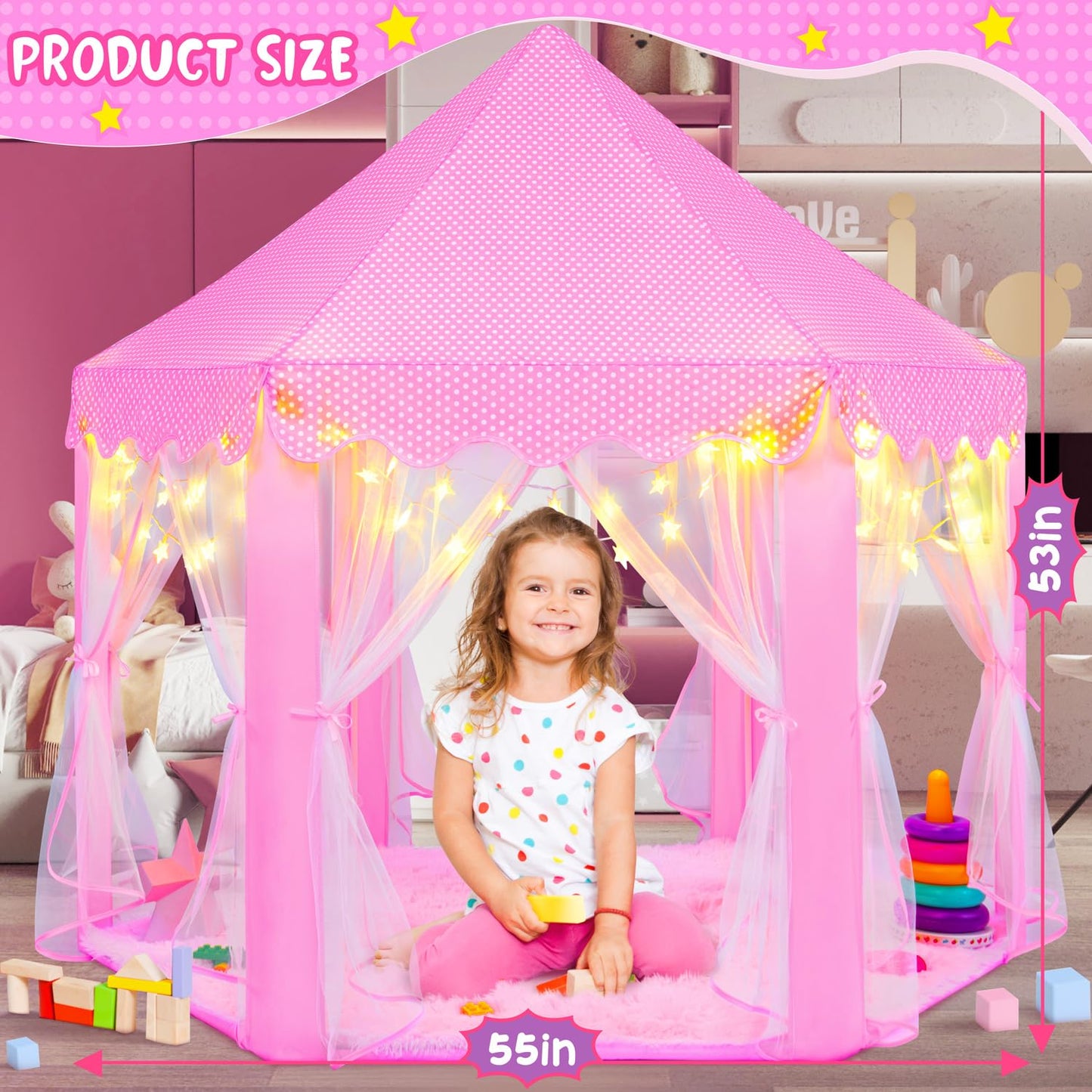 KIXINWA Pink Princess Tent with LED Stars – Castle Playhouse for Kids (Indoor/Outdoor)